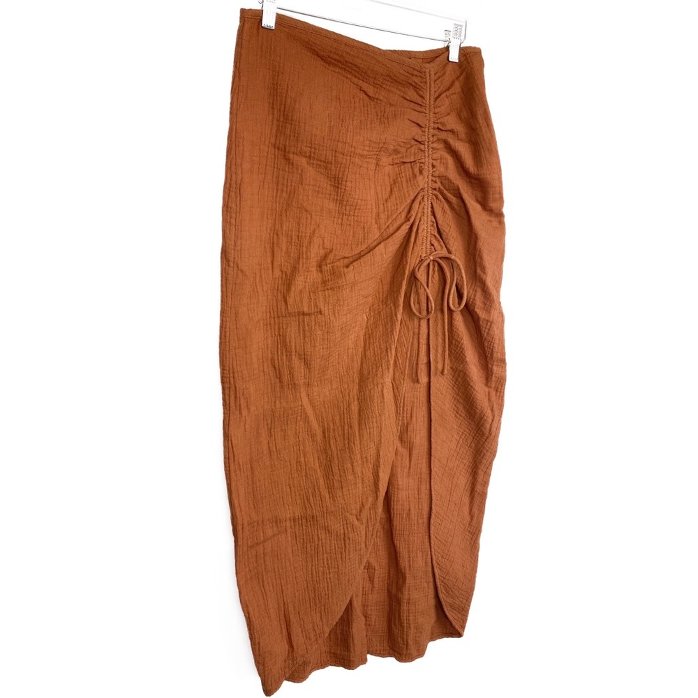 Free People Cotton Gauze Midi Skirt 6‎ Orange Natural Cerine Ruched High Waist - Picture 5 of 10
